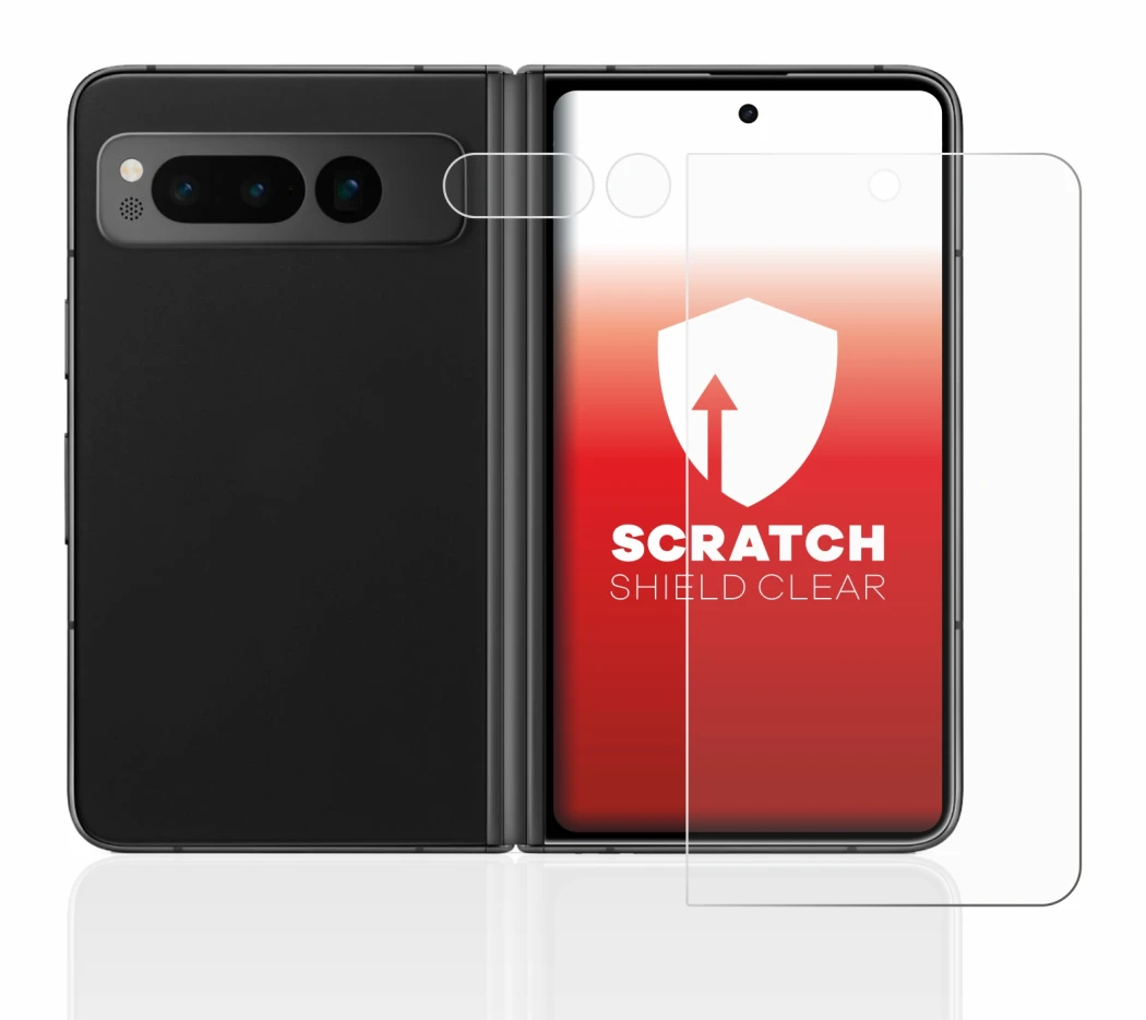 Abbildung des Geräts Google Pixel Fold (Display+Kamera) mit einer Vielzahl des Displayschutzes.