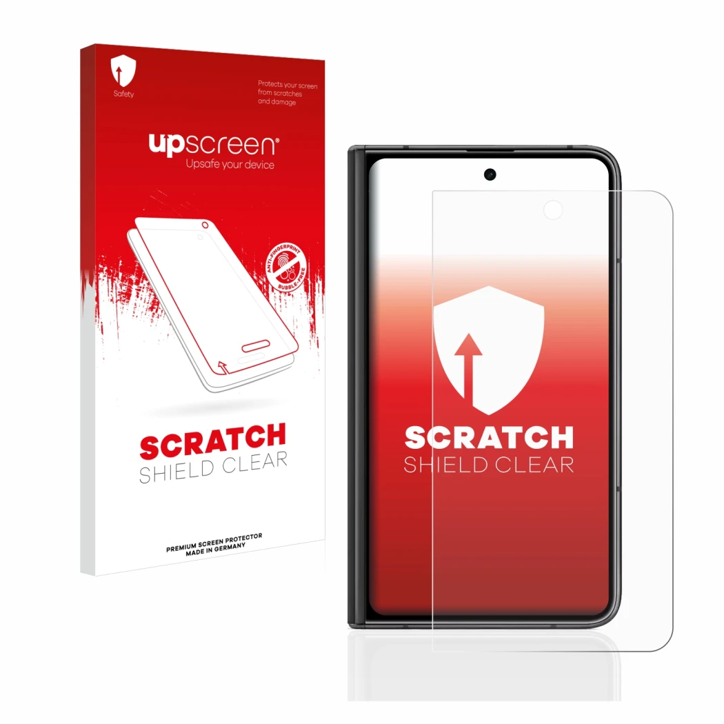 Vorderseite einer Produktverpackung mit dem Markenlogo upscreen. Daneben ist das Gerät Google Pixel Fold (Äußeres Display) mit