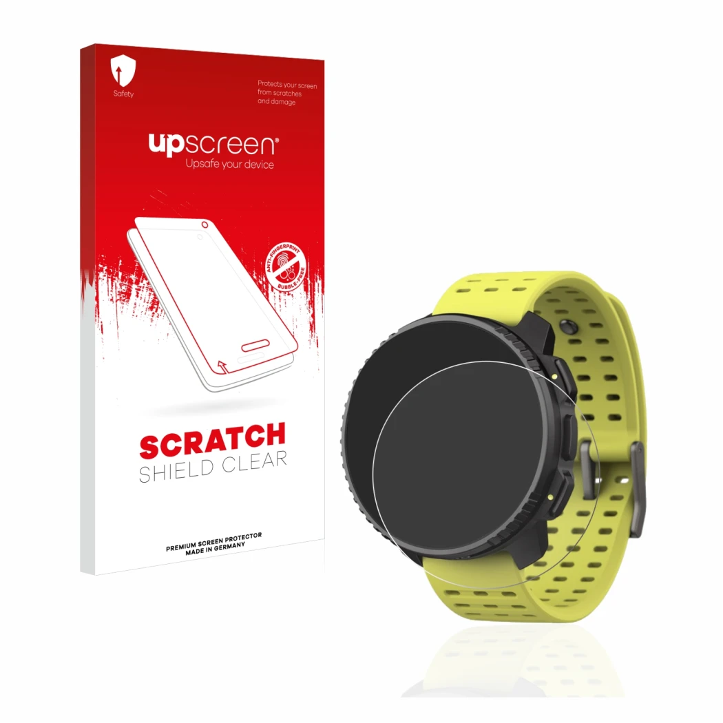 Vorderseite einer Produktverpackung mit dem Markenlogo upscreen. Daneben ist das Gerät Suunto Vertical mit dem zugehörigen Dis