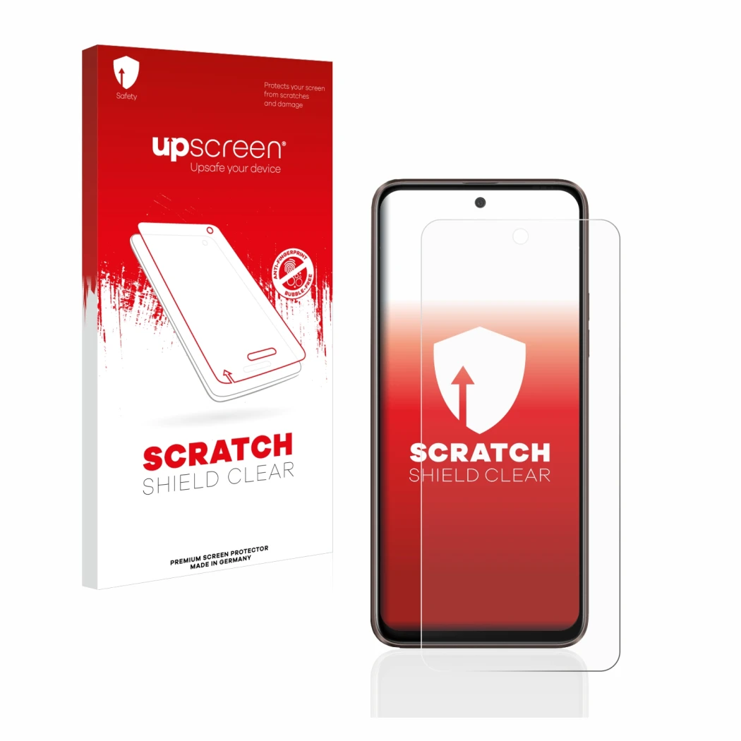 Vorderseite einer Produktverpackung mit dem Markenlogo upscreen. Daneben ist das Gerät HTC U23 Pro mit dem zugehörigen Display
