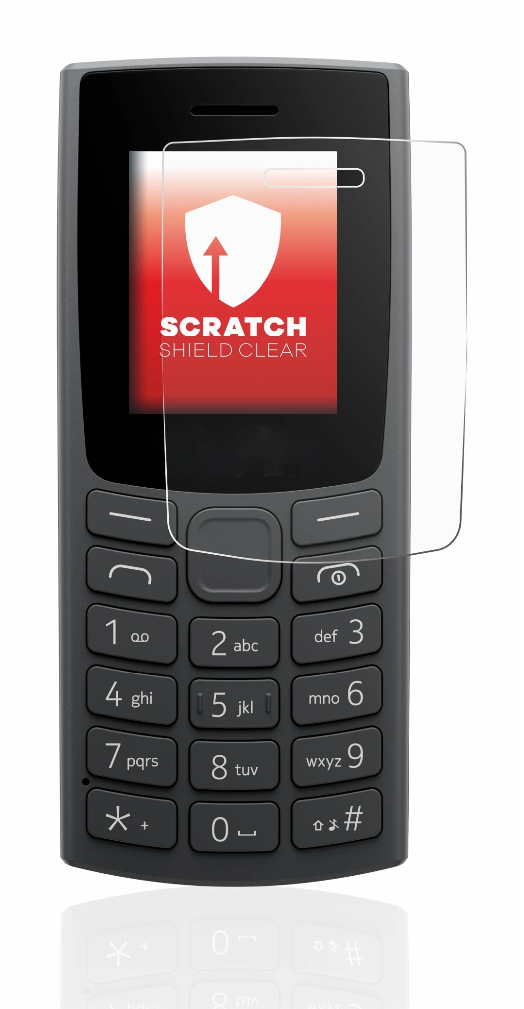 Abbildung des Geräts Nokia 110 (2023) mit einer Vielzahl des Displayschutzes.
