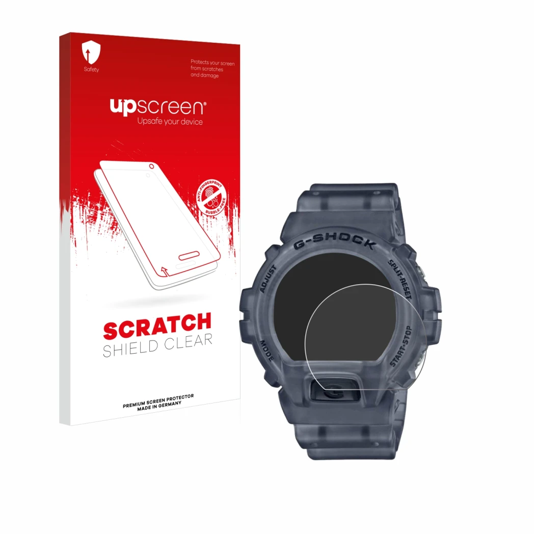 Vorderseite einer Produktverpackung mit dem Markenlogo upscreen. Daneben ist das Gerät Casio G-Shock DW-6900 mit dem zugehörig