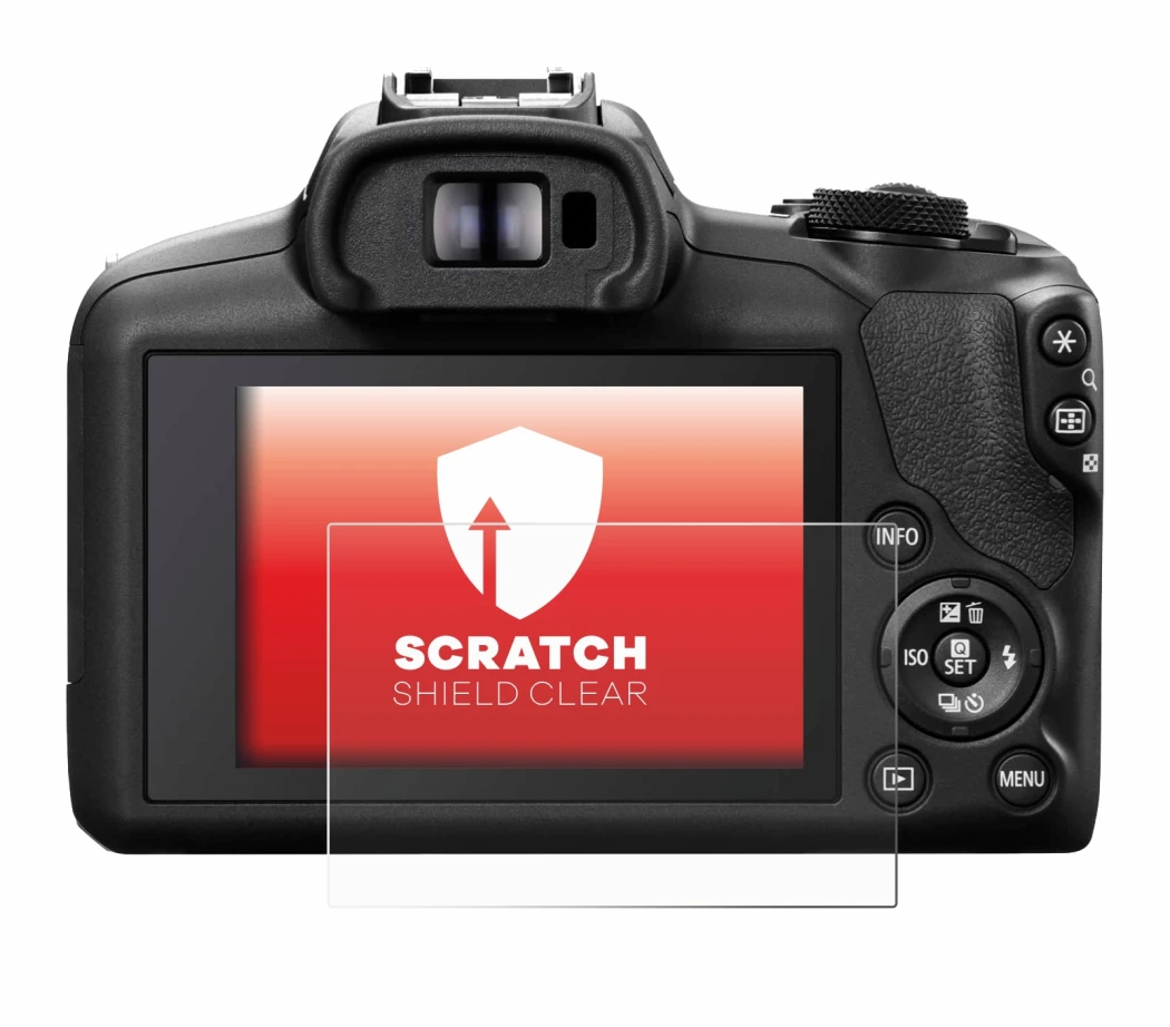 Abbildung des Geräts Canon EOS R100 mit einer Vielzahl des Displayschutzes.