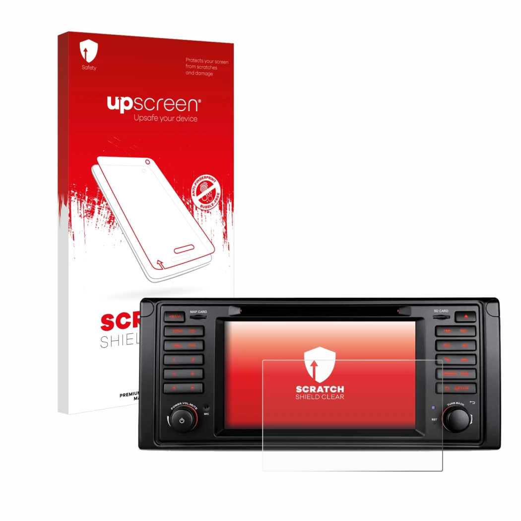 Vorderseite einer Produktverpackung mit dem Markenlogo upscreen. Daneben ist das Gerät Xtrons IQ7039B mit dem zugehörigen Disp