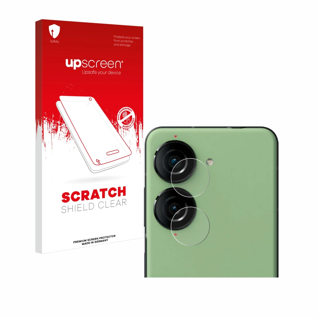 Vorderseite einer Produktverpackung mit dem Markenlogo upscreen. Daneben ist das Gerät ASUS ZenFone 10 (NUR Kameraschutz) mit 