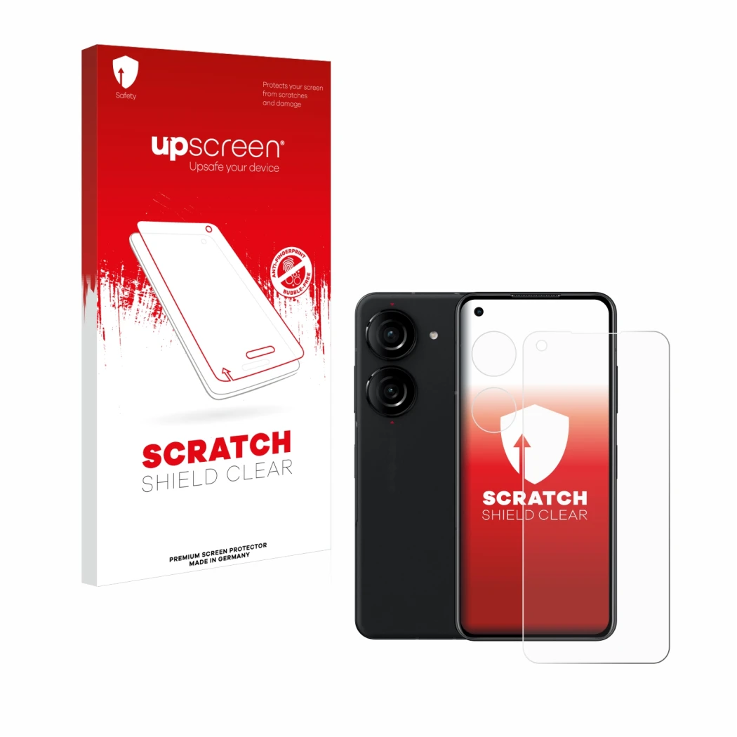 Vorderseite einer Produktverpackung mit dem Markenlogo upscreen. Daneben ist das Gerät ASUS ZenFone 10 (Display+Kamera) mit de