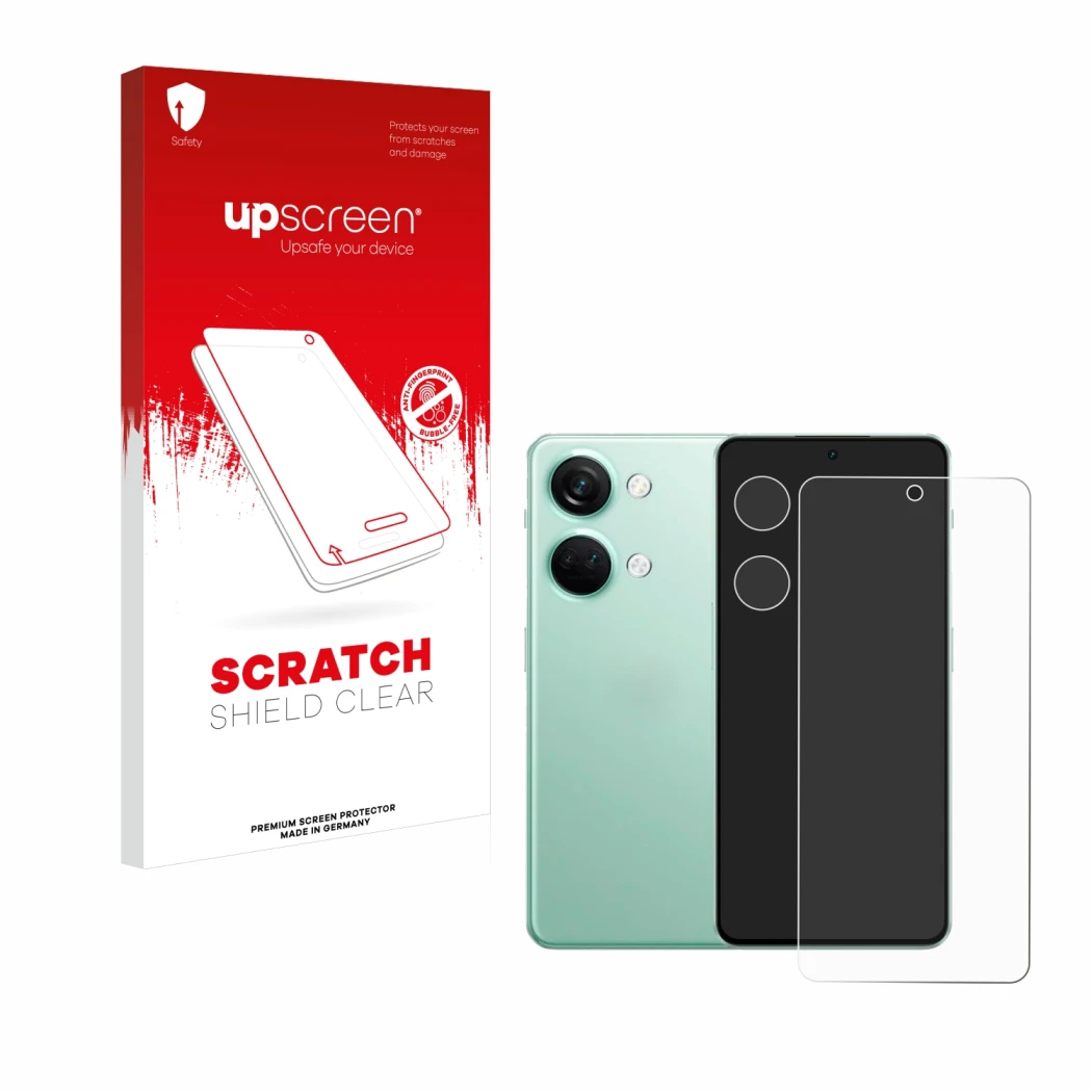 Vorderseite einer Produktverpackung mit dem Markenlogo upscreen. Daneben ist das Gerät OnePlus Nord 3 5G (Display+Kamera) mit 
