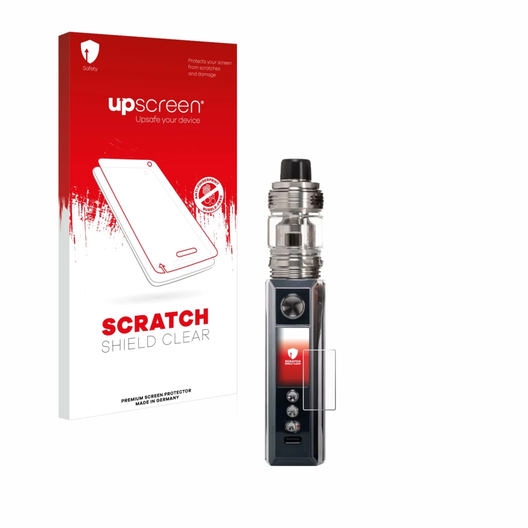 Vorderseite einer Produktverpackung mit dem Markenlogo upscreen. Daneben ist das Gerät Voopoo Drag M100S mit dem zugehörigen D