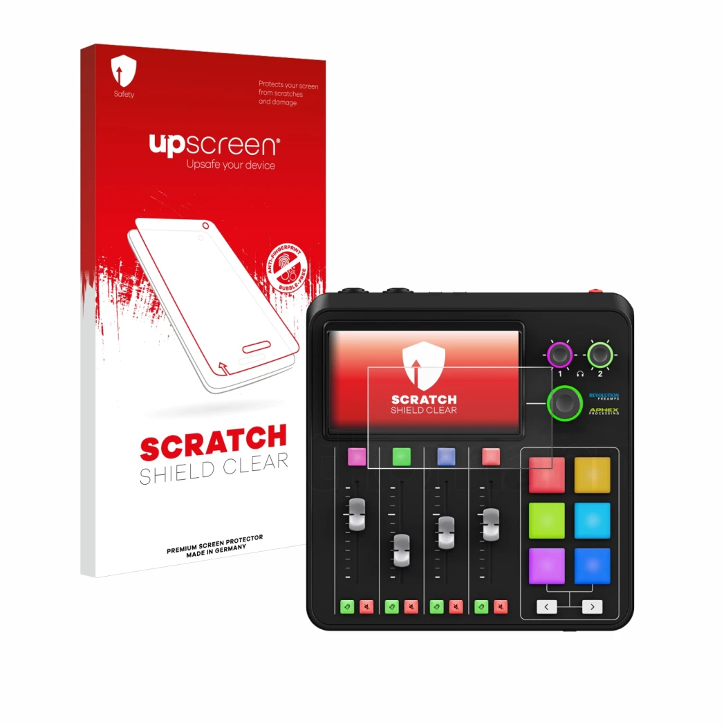 Vorderseite einer Produktverpackung mit dem Markenlogo upscreen. Daneben ist das Gerät Rode Rodecaster Duo mit dem zugehörigen