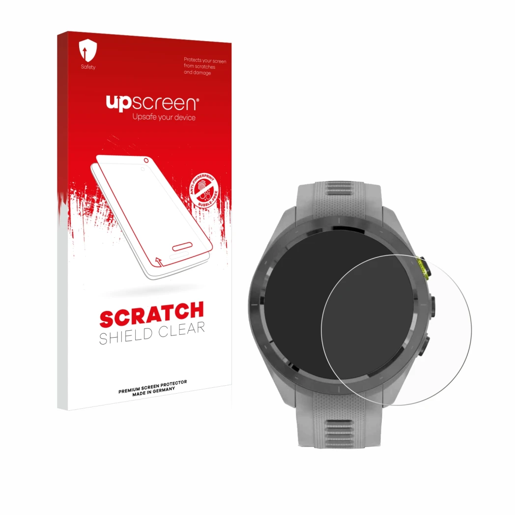 Vorderseite einer Produktverpackung mit dem Markenlogo upscreen. Daneben ist das Gerät Garmin Approach S70 (42 mm) mit dem zug