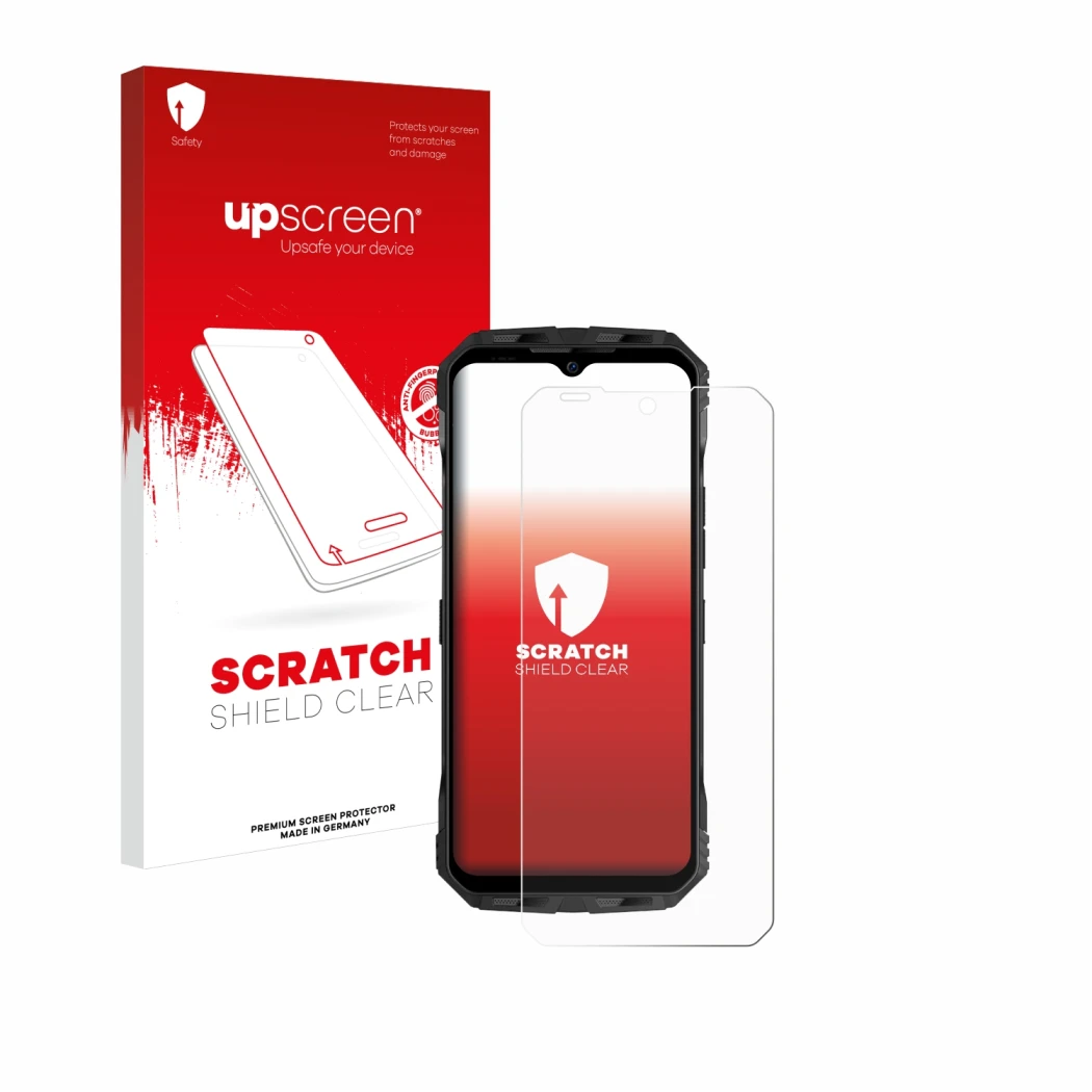 Vorderseite einer Produktverpackung mit dem Markenlogo upscreen. Daneben ist das Gerät Doogee V30T mit dem zugehörigen Display