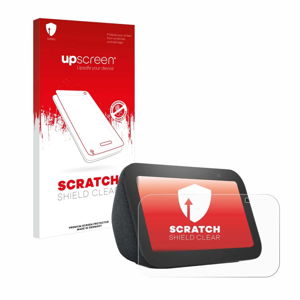 Vorderseite einer Produktverpackung mit dem Markenlogo upscreen. Daneben ist das Gerät Amazon Echo Show 5 (3. Gen.) mit dem zu