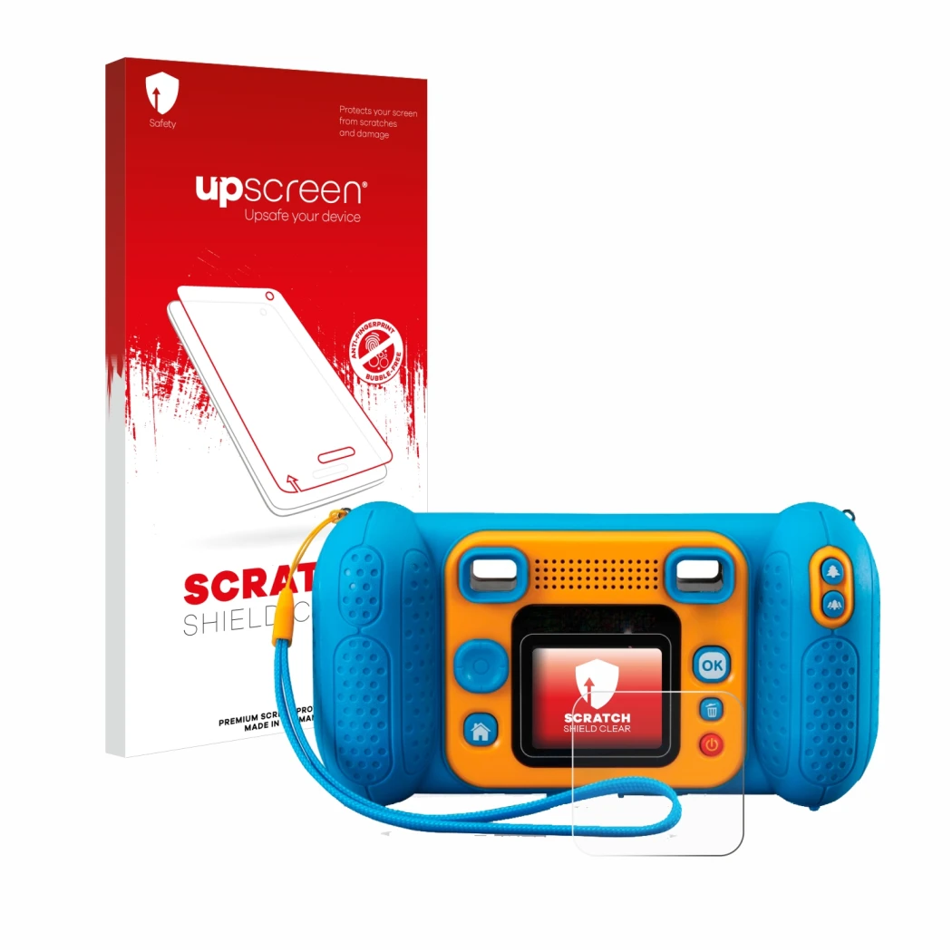 Vorderseite einer Produktverpackung mit dem Markenlogo upscreen. Daneben ist das Gerät Vtech Kidizoom Kid 4 mit dem zugehörige