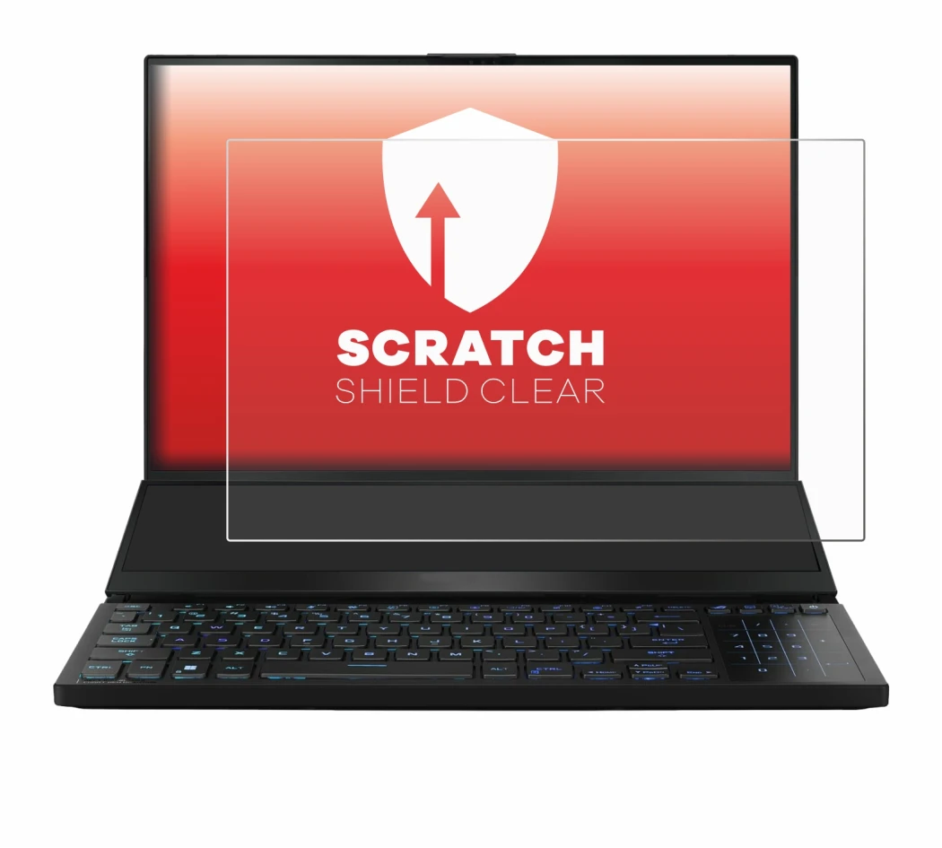 Abbildung des Geräts ASUS ROG Zephyrus Duo 16 2023 mit einer Vielzahl des Displayschutzes.