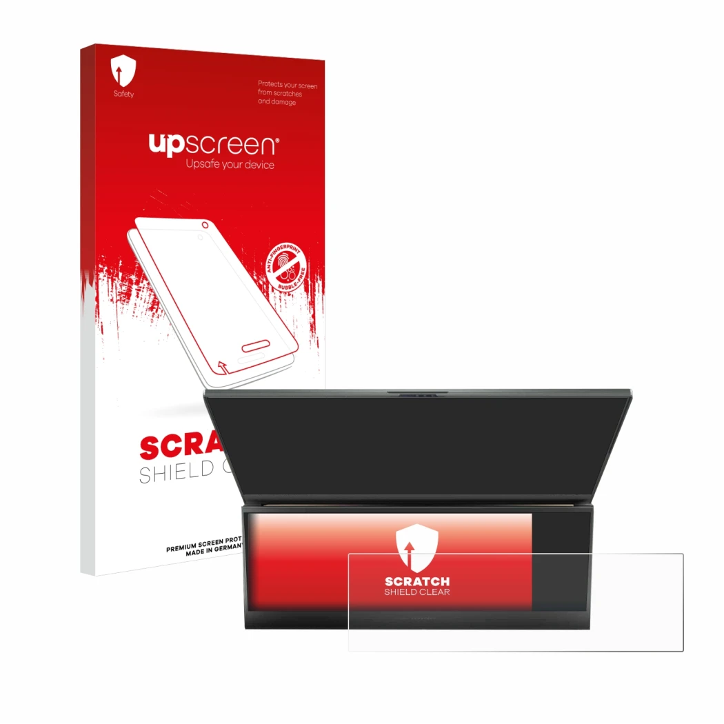 Vorderseite einer Produktverpackung mit dem Markenlogo upscreen. Daneben ist das Gerät ASUS ROG Zephyrus Duo 16 2023 (NUR Touc