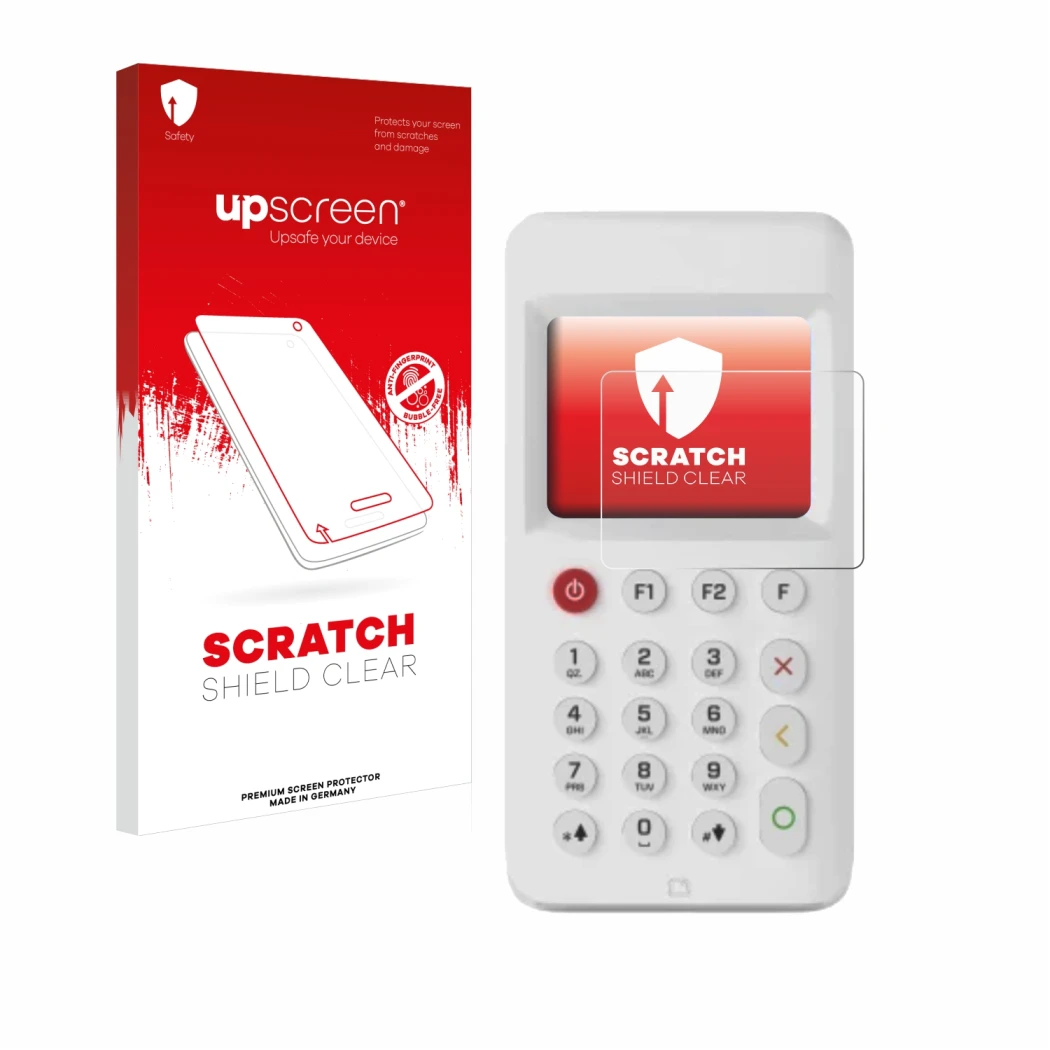 Vorderseite einer Produktverpackung mit dem Markenlogo upscreen. Daneben ist das Gerät myPOS Go 2 mit dem zugehörigen Displays