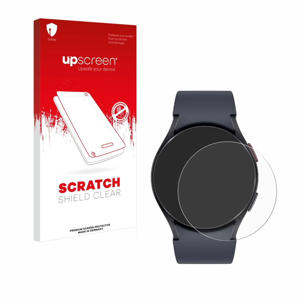 Vorderseite einer Produktverpackung mit dem Markenlogo upscreen. Daneben ist das Gerät Samsung Galaxy Watch 6 (40 mm) mit dem 