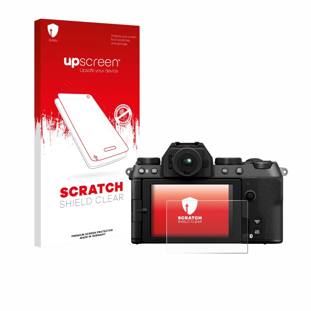 Vorderseite einer Produktverpackung mit dem Markenlogo upscreen. Daneben ist das Gerät Fujifilm X-S20 mit dem zugehörigen Disp