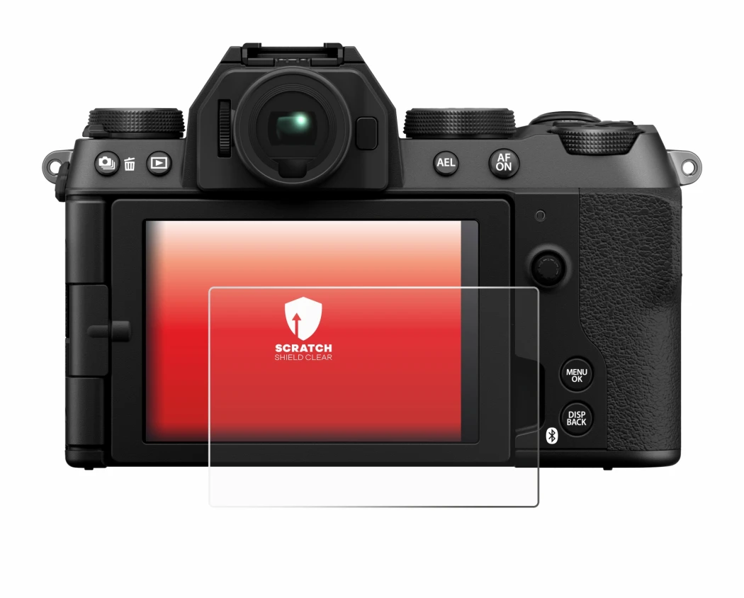 Abbildung des Geräts Fujifilm X-S20 mit einer Vielzahl des Displayschutzes.