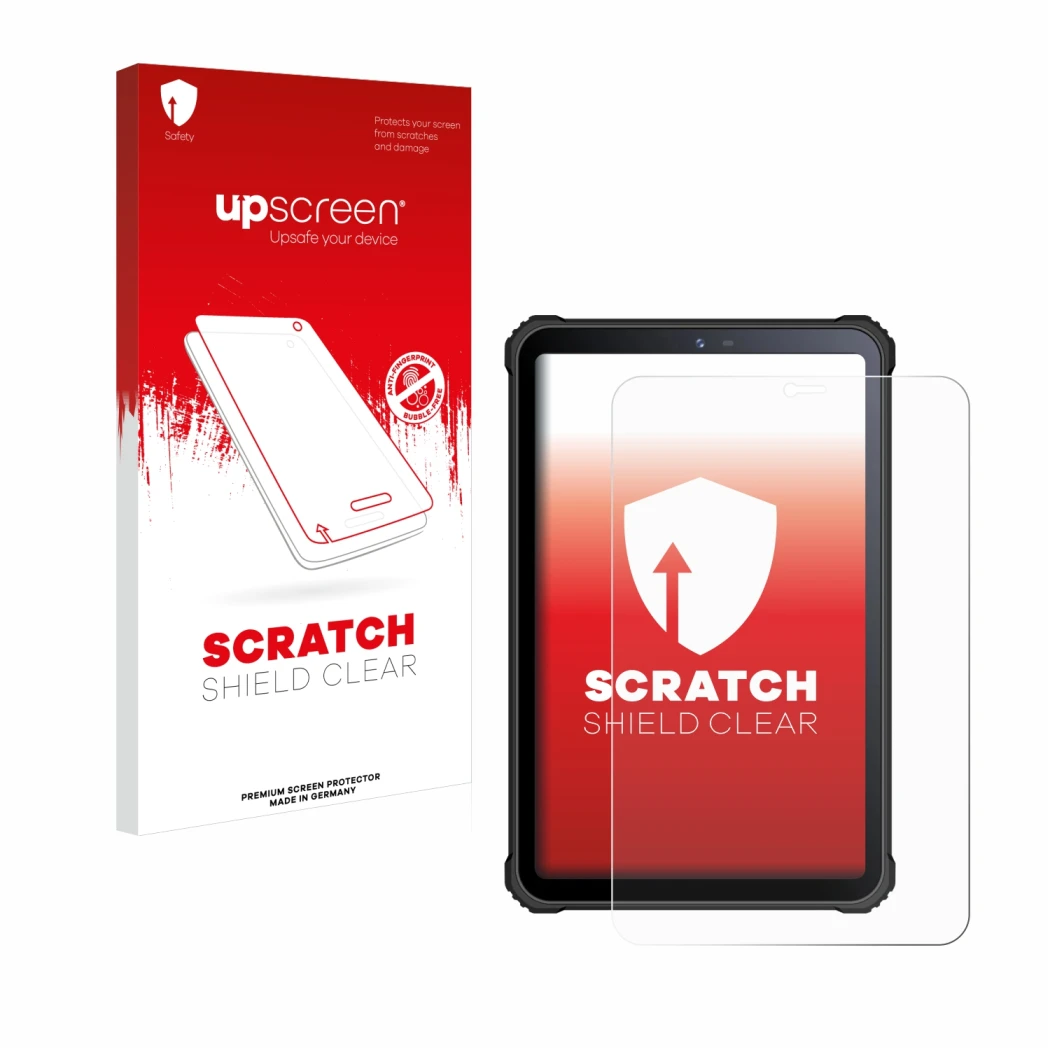Vorderseite einer Produktverpackung mit dem Markenlogo upscreen. Daneben ist das Gerät Oukitel RT3 mit dem zugehörigen Display