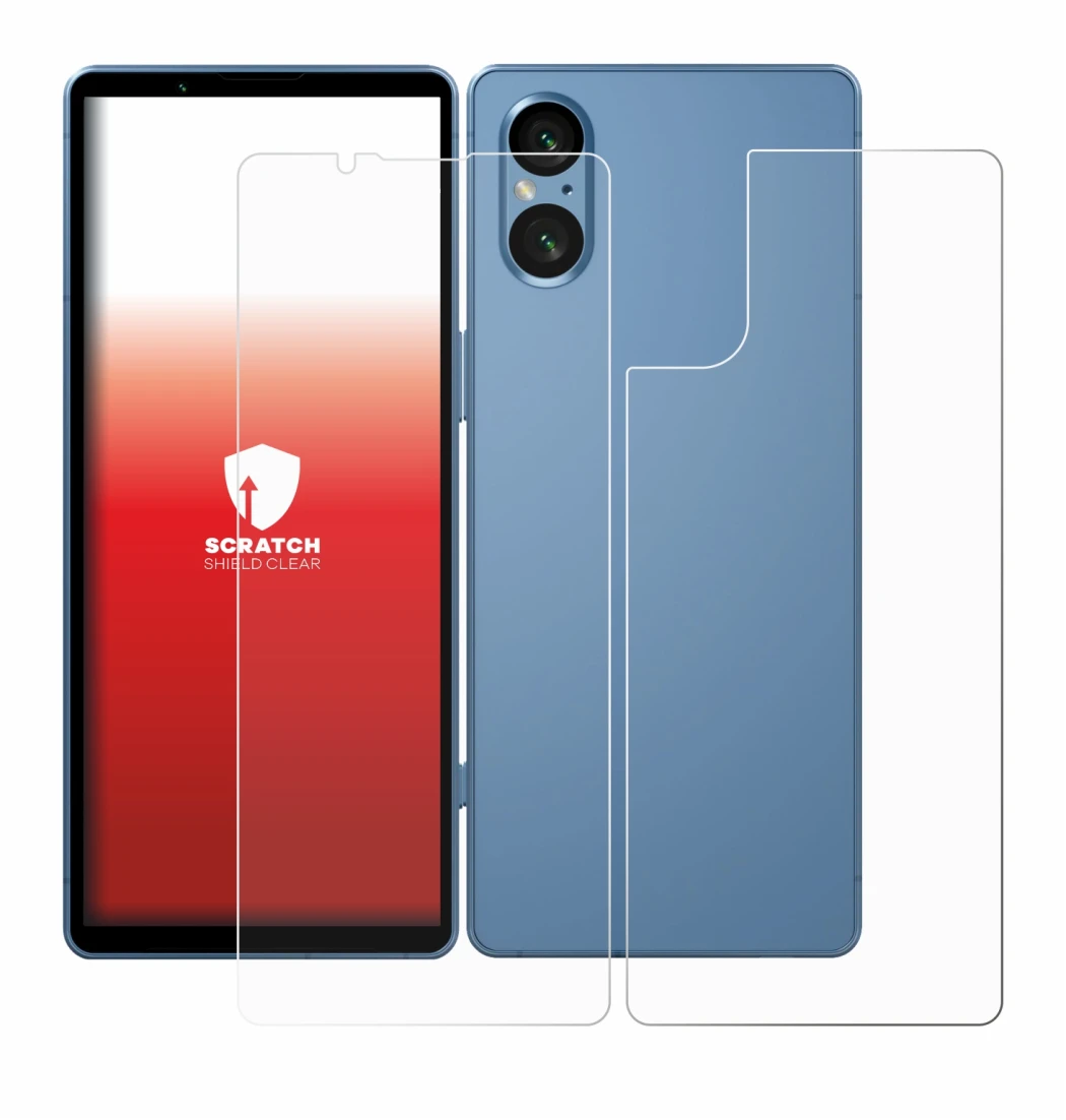 Abbildung des Geräts Sony Xperia 5 V (Display+Rückseite) mit einer Vielzahl des Displayschutzes.