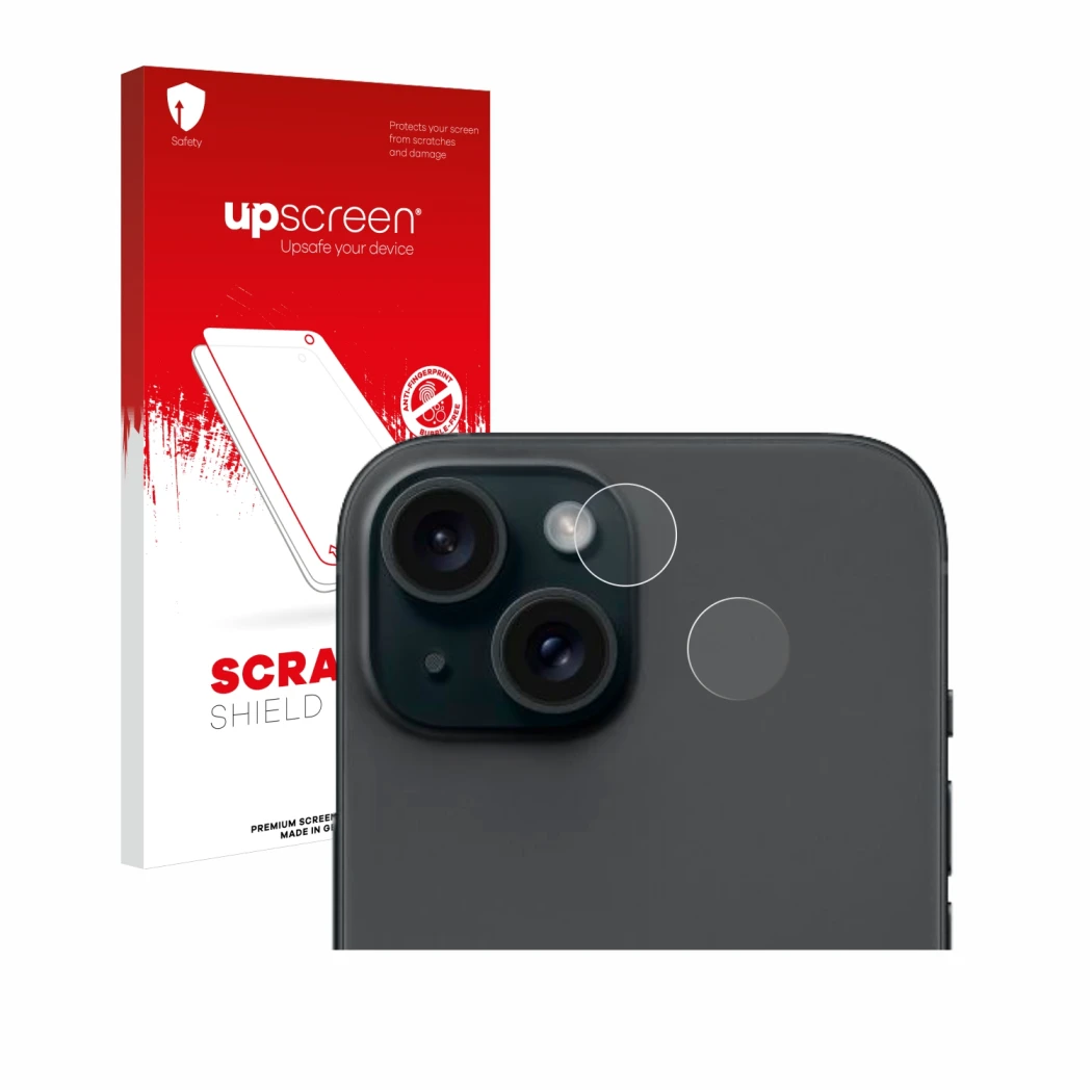 Vorderseite einer Produktverpackung mit dem Markenlogo upscreen. Daneben ist das Gerät Apple iPhone 15 (NUR Kameraschutz) mit 