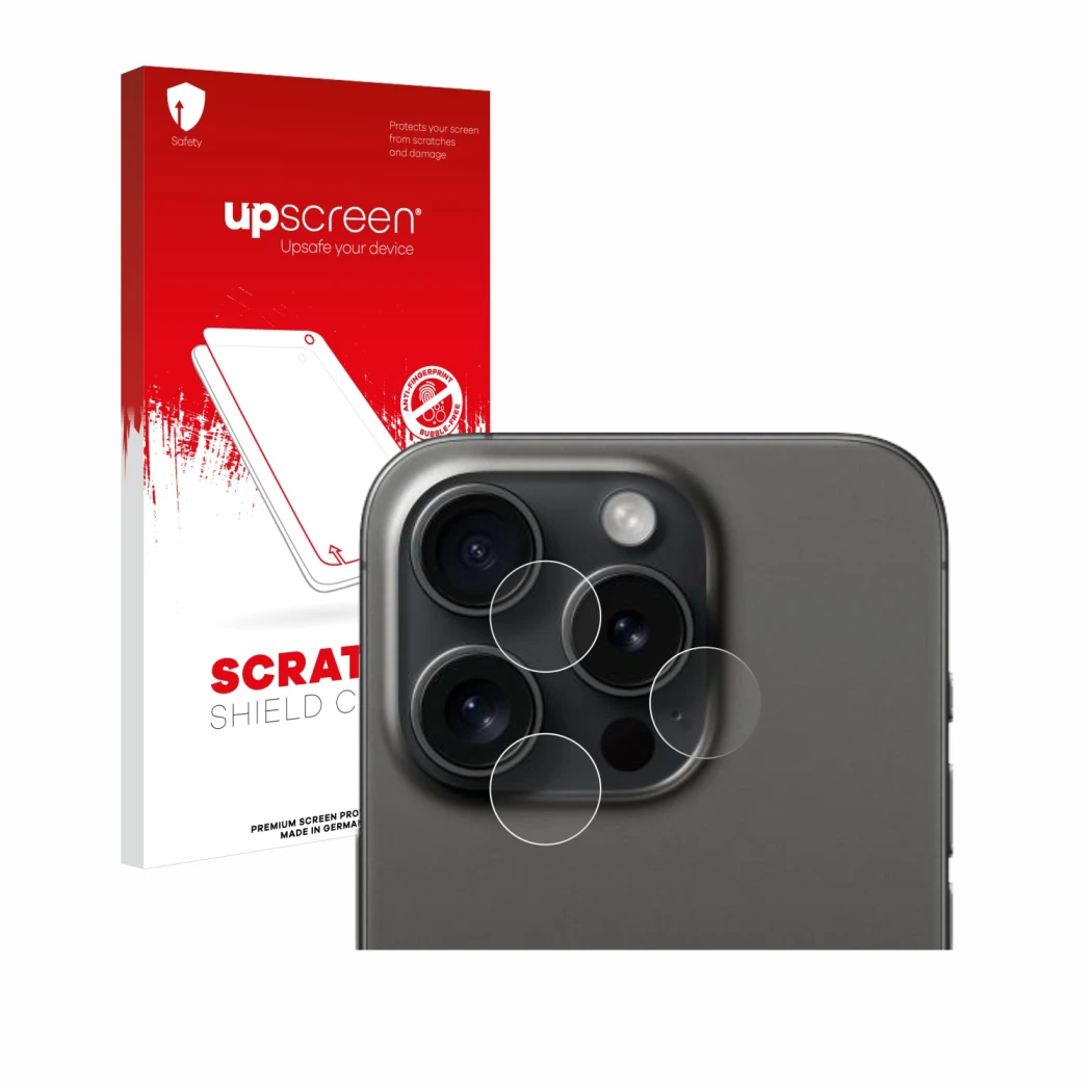 Vorderseite einer Produktverpackung mit dem Markenlogo upscreen. Daneben ist das Gerät Apple iPhone 15 Pro (NUR Kameraschutz) 