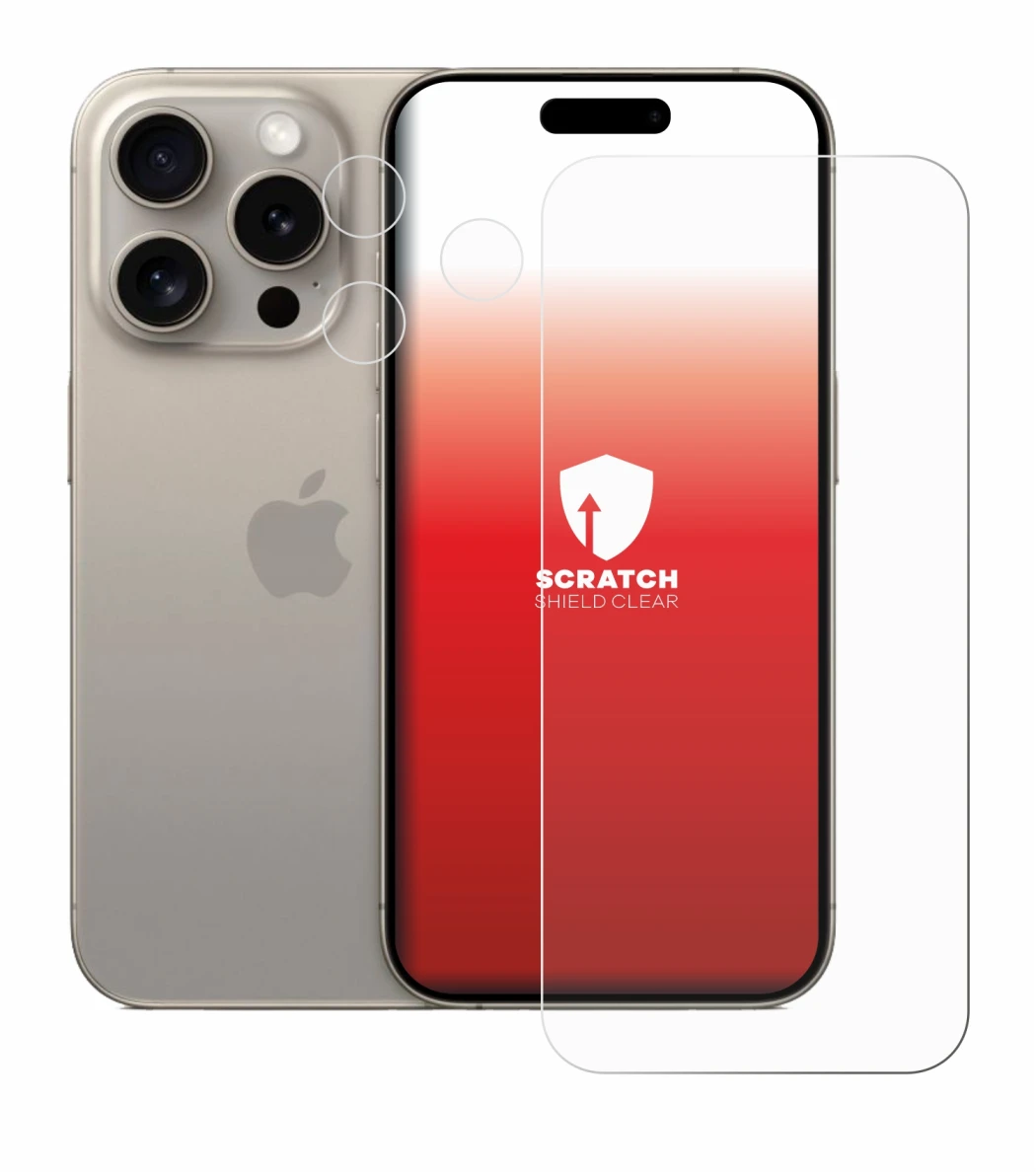 Abbildung des Geräts Apple iPhone 15 Pro (Display+Kamera) mit einer Vielzahl des Displayschutzes.