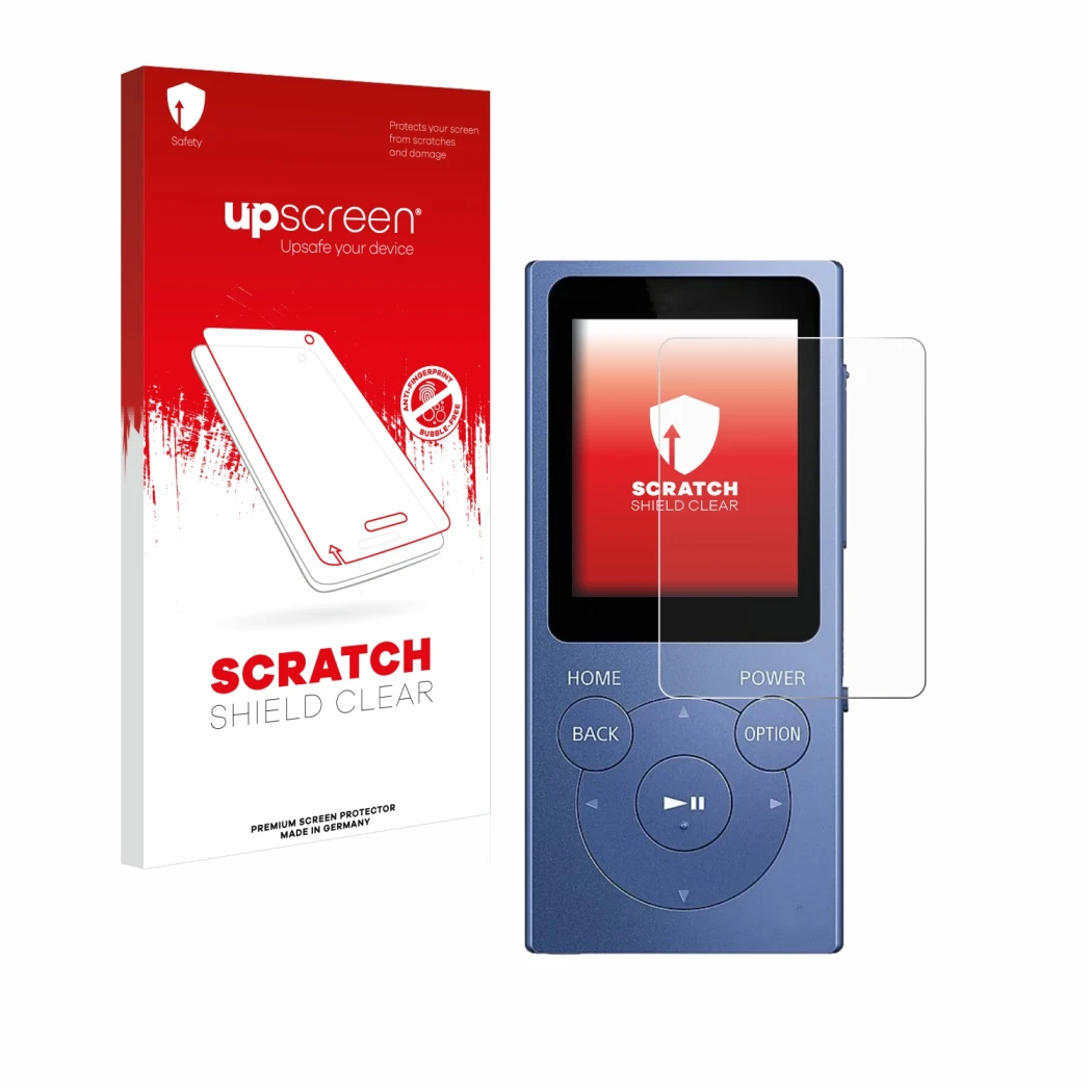 Vorderseite einer Produktverpackung mit dem Markenlogo upscreen. Daneben ist das Gerät Sony Walkman NW-E394 mit dem zugehörige