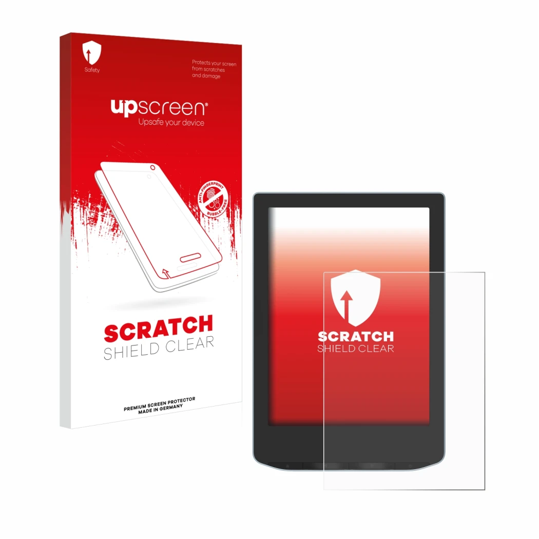 Vorderseite einer Produktverpackung mit dem Markenlogo upscreen. Daneben ist das Gerät PocketBook Verse mit dem zugehörigen Di