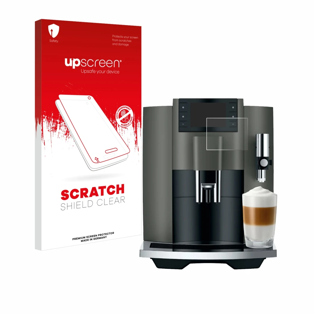 Vorderseite einer Produktverpackung mit dem Markenlogo upscreen. Daneben ist das Gerät Jura E8 (EC) mit dem zugehörigen Displa