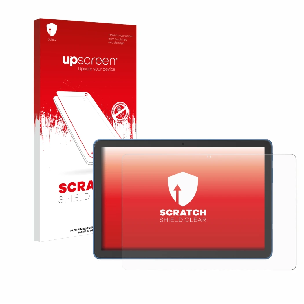 Vorderseite einer Produktverpackung mit dem Markenlogo upscreen. Daneben ist das Gerät Amazon Fire HD 10 2023 (13. Gen.) mit d
