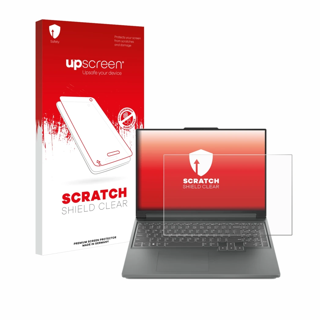 Vorderseite einer Produktverpackung mit dem Markenlogo upscreen. Daneben ist das Gerät Lenovo Legion Slim 5 14 mit dem zugehör