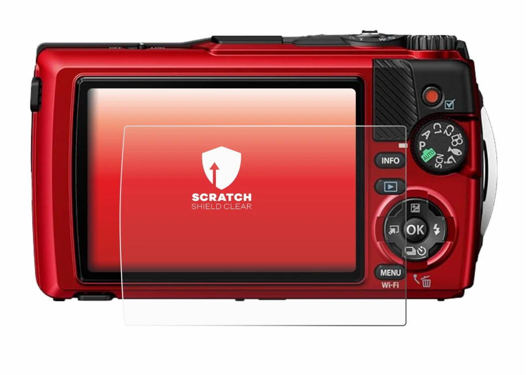 Abbildung des Geräts Olympus OM System Tough TG-7 mit einer Vielzahl des Displayschutzes.