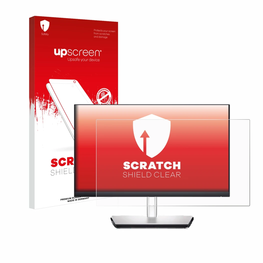 Vorderseite einer Produktverpackung mit dem Markenlogo upscreen. Daneben ist das Gerät Dell P2424HT mit dem zugehörigen Displa