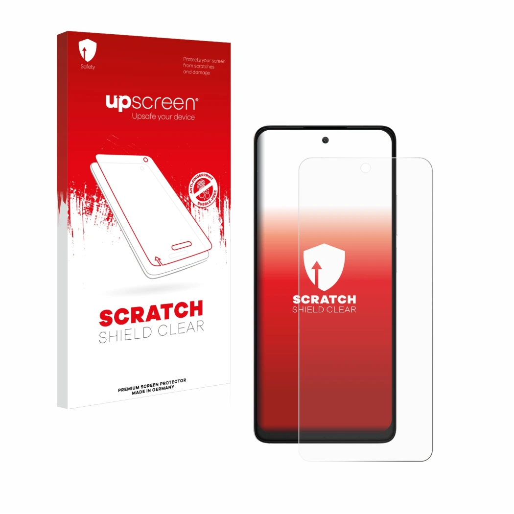 Vorderseite einer Produktverpackung mit dem Markenlogo upscreen. Daneben ist das Gerät TCL 40 NXTPAPER mit dem zugehörigen Dis