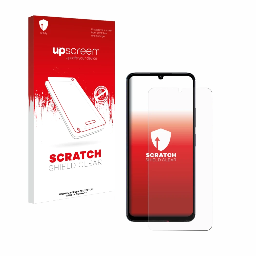 Vorderseite einer Produktverpackung mit dem Markenlogo upscreen. Daneben ist das Gerät Xiaomi Poco C65 mit dem zugehörigen Dis