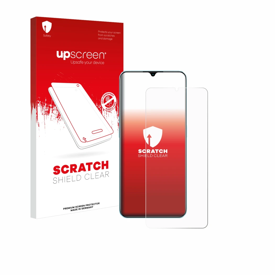 Vorderseite einer Produktverpackung mit dem Markenlogo upscreen. Daneben ist das Gerät Oppo A78 5G mit dem zugehörigen Display