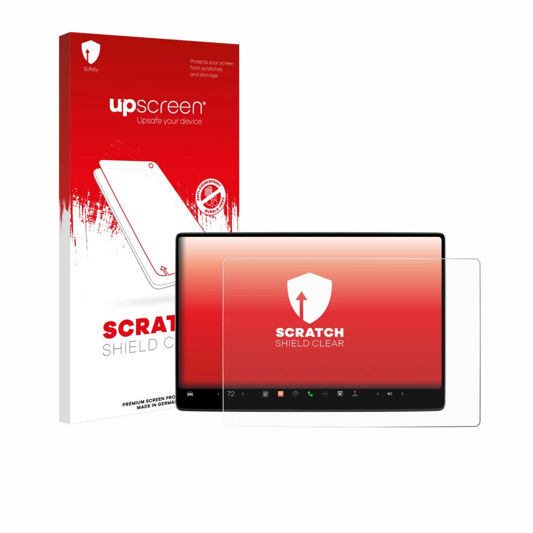 Vorderseite einer Produktverpackung mit dem Markenlogo upscreen. Daneben ist das Gerät Tesla Model 3 2024 mit dem zugehörigen 