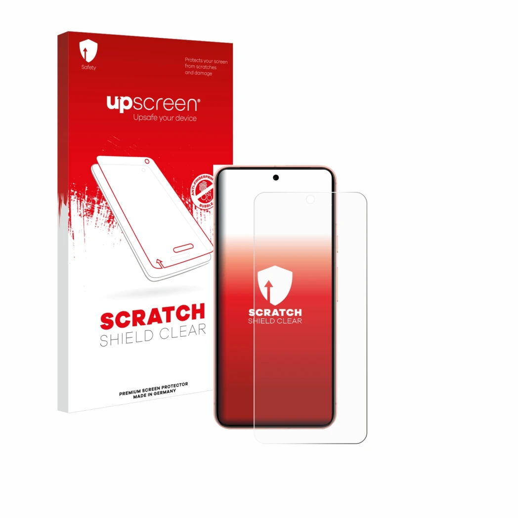 Vorderseite einer Produktverpackung mit dem Markenlogo upscreen. Daneben ist das Gerät Google Pixel 8 (case-friendly) mit dem 