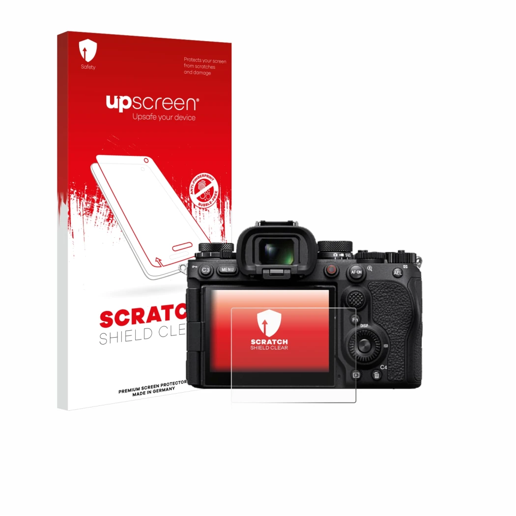 Vorderseite einer Produktverpackung mit dem Markenlogo upscreen. Daneben ist das Gerät Sony Alpha 9 III mit dem zugehörigen Di