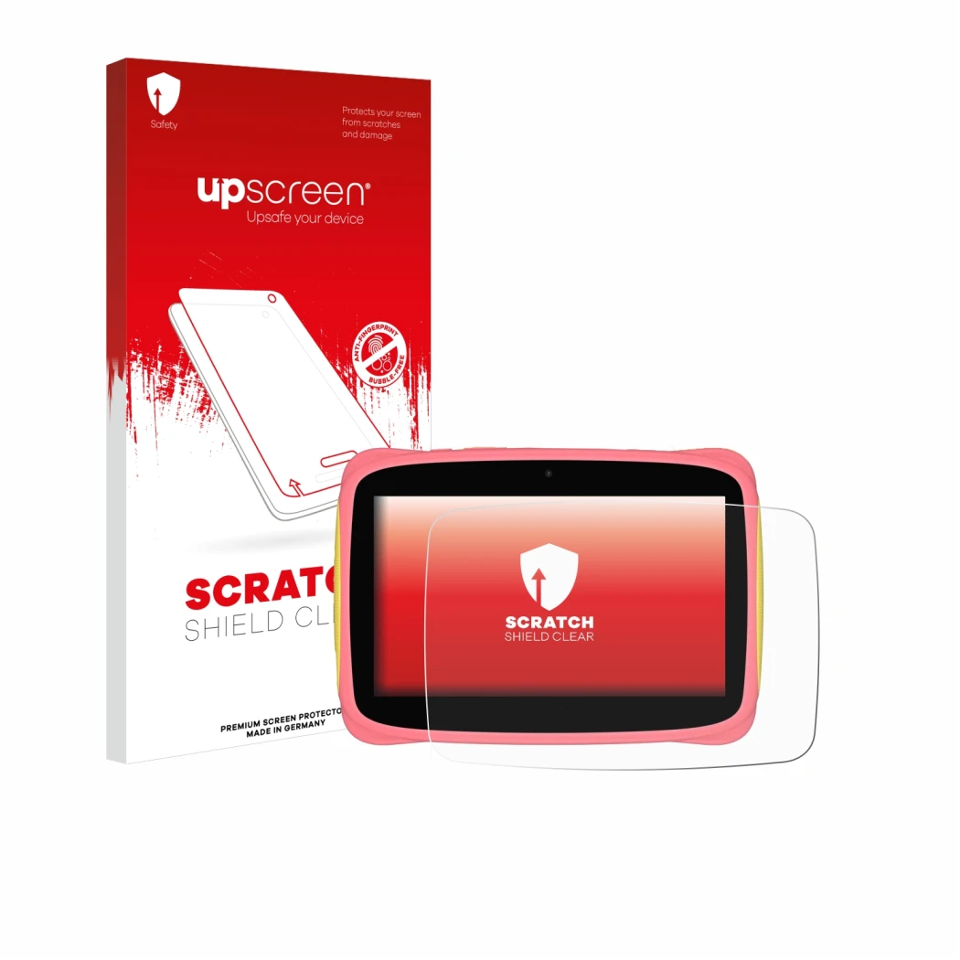 Vorderseite einer Produktverpackung mit dem Markenlogo upscreen. Daneben ist das Gerät Blackview Tab 3 Kids mit dem zugehörige