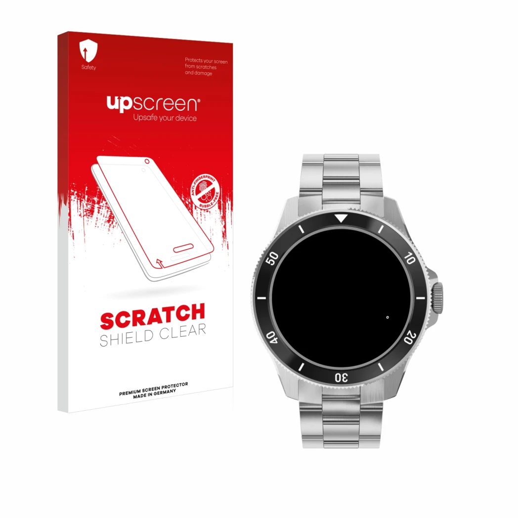 Vorderseite einer Produktverpackung mit dem Markenlogo upscreen. Daneben ist das Gerät Withings ScanWatch Nova (42 mm) mit dem