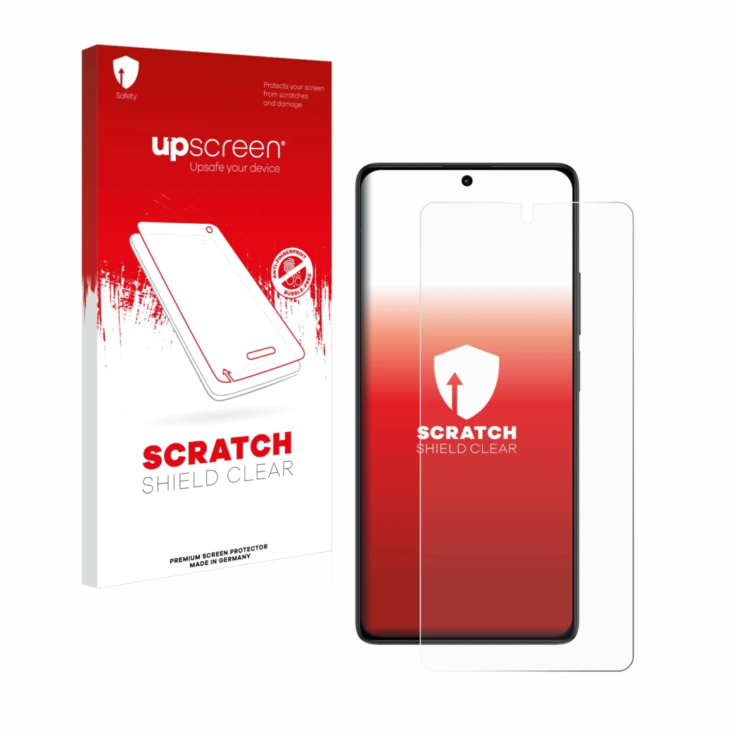 Vorderseite einer Produktverpackung mit dem Markenlogo upscreen. Daneben ist das Gerät Xiaomi Redmi Note 13 5G mit dem zugehör