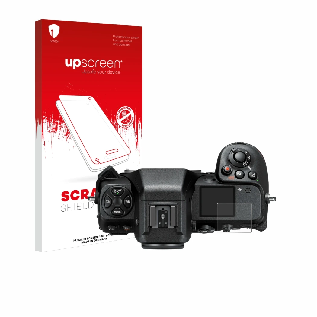 Vorderseite einer Produktverpackung mit dem Markenlogo upscreen. Daneben ist das Gerät Nikon Z 8 (Schulterdisplay) mit dem zug