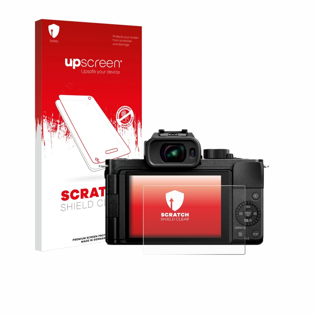 Vorderseite einer Produktverpackung mit dem Markenlogo upscreen. Daneben ist das Gerät Panasonic Lumix DC-G100D mit dem zugehö