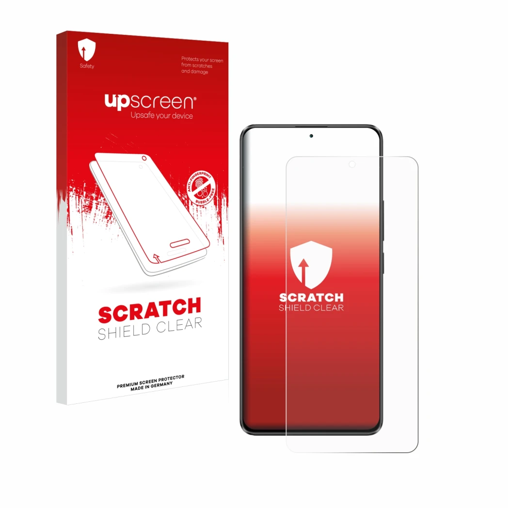 Vorderseite einer Produktverpackung mit dem Markenlogo upscreen. Daneben ist das Gerät Xiaomi Poco X6 mit dem zugehörigen Disp
