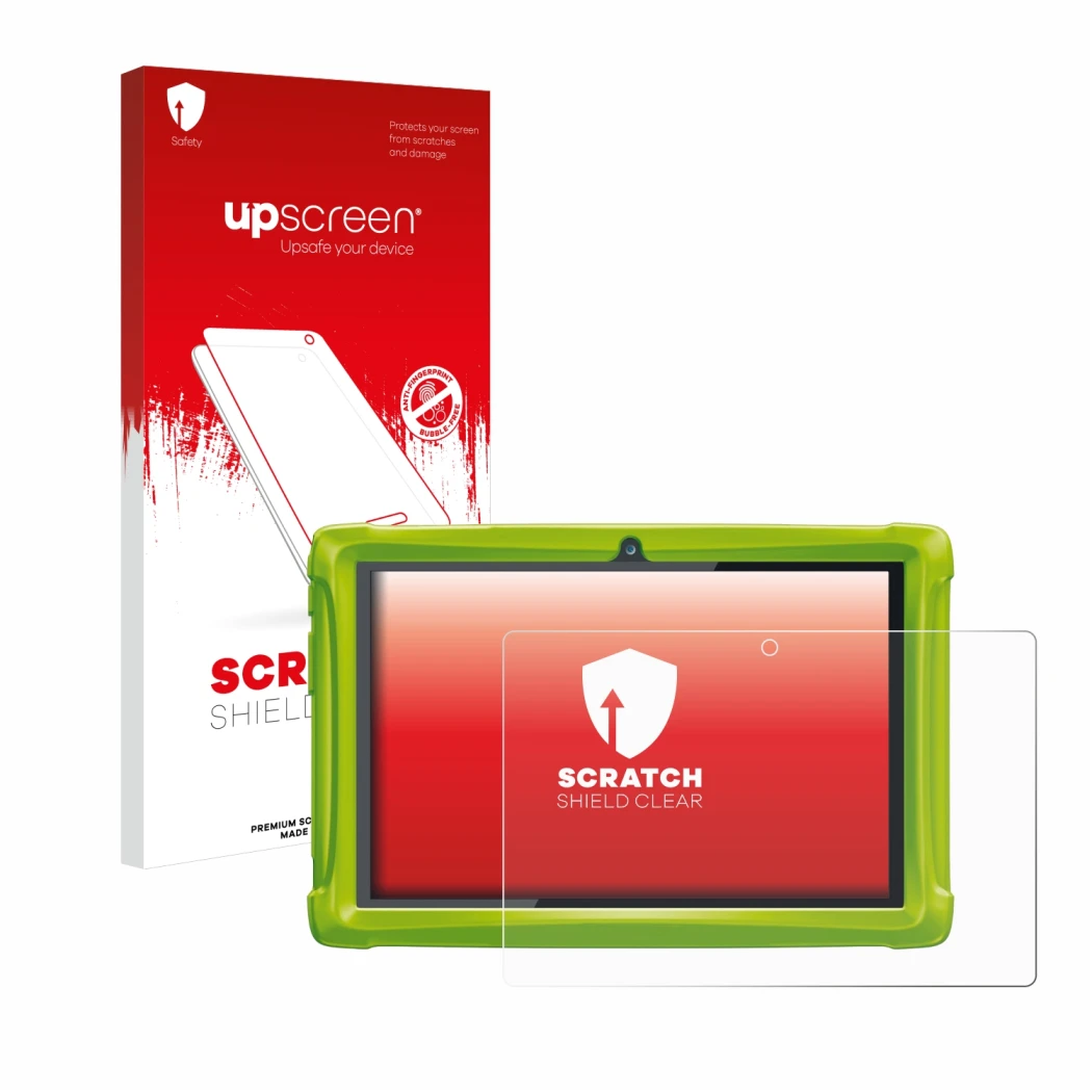 Vorderseite einer Produktverpackung mit dem Markenlogo upscreen. Daneben ist das Gerät Clementoni Clempad 10 mit dem zugehörig