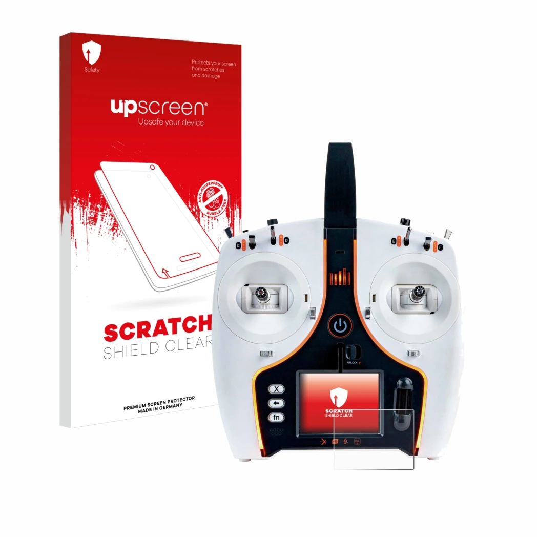 Vorderseite einer Produktverpackung mit dem Markenlogo upscreen. Daneben ist das Gerät Spektrum NX7e mit dem zugehörigen Displ