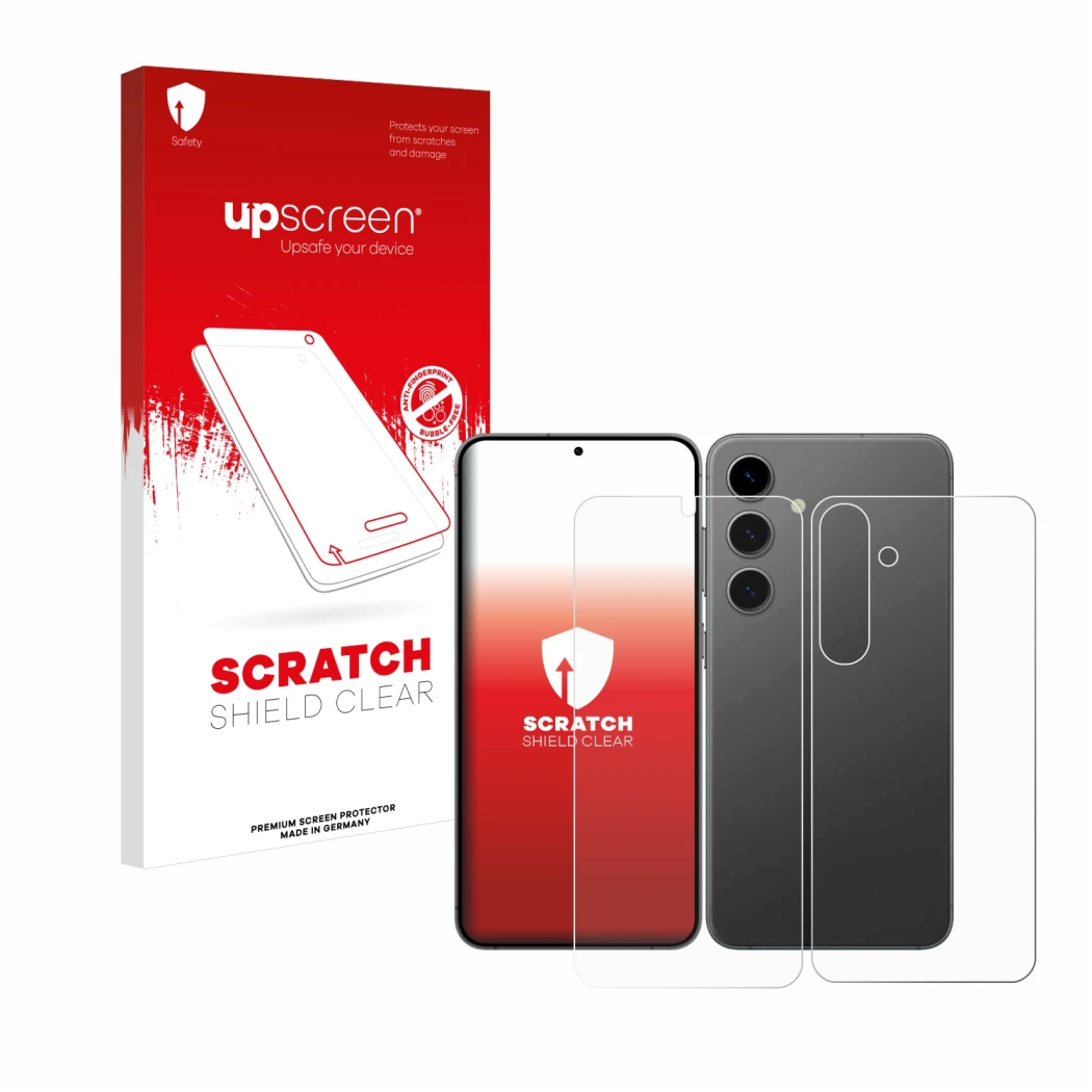 Vorderseite einer Produktverpackung mit dem Markenlogo upscreen. Daneben ist das Gerät Samsung Galaxy S24 Plus (Display+Rückse